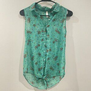 Xhilaration Floral Heart Cutouts Keyhole Tie Button Down Sleeveless Shirt Sz XS